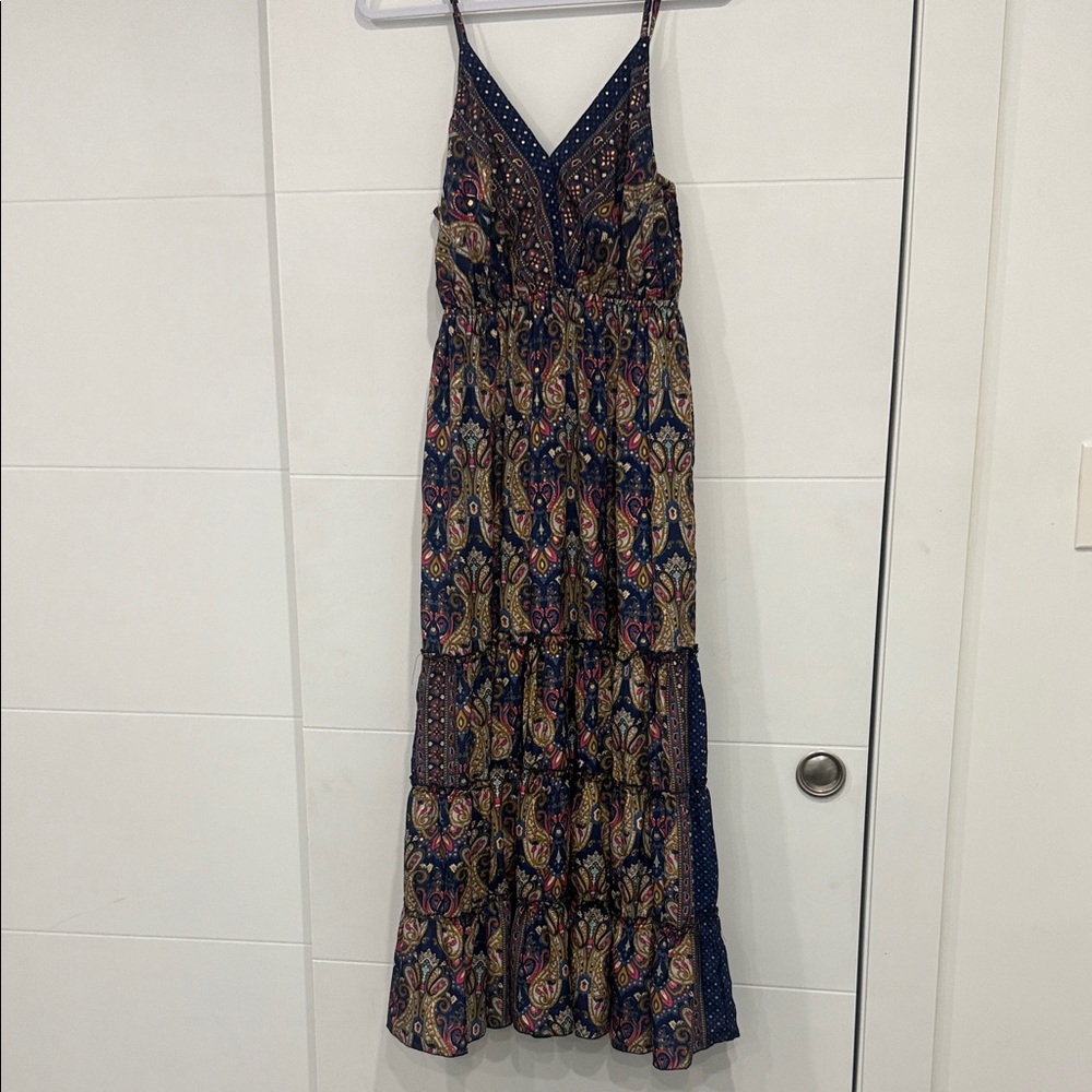 Elegant Paisley Maxi Dress - Blue and Cream